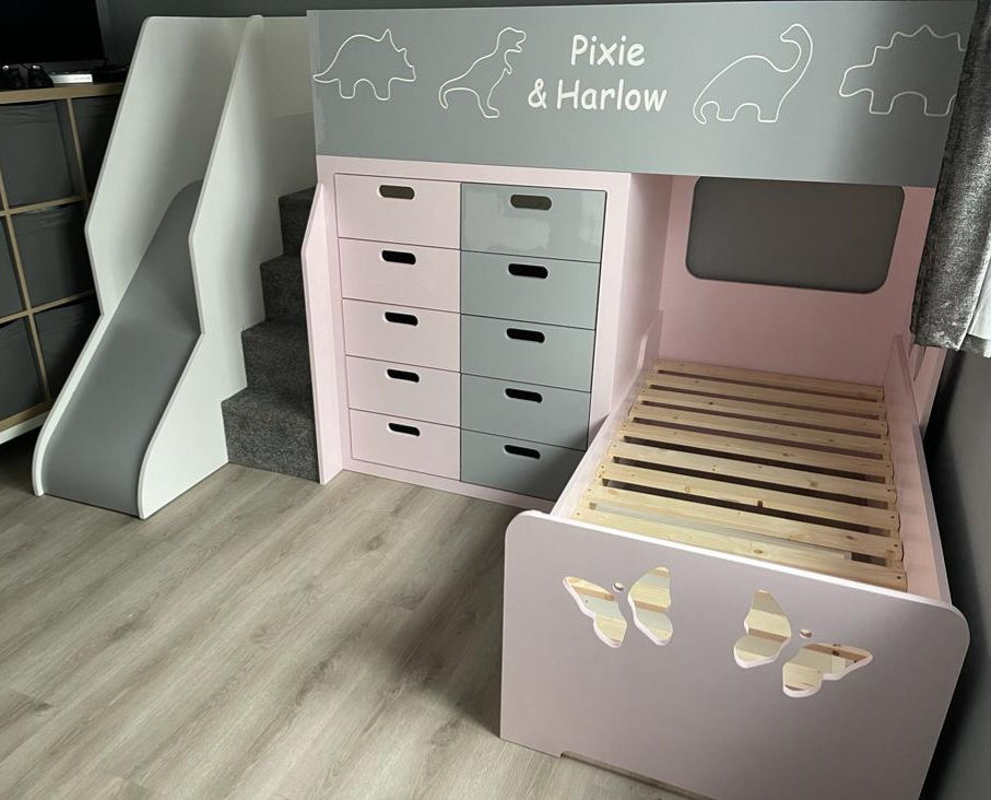 High-Sleeper Height L Shape Bunk Bed with x10 Front Drawers & accessories