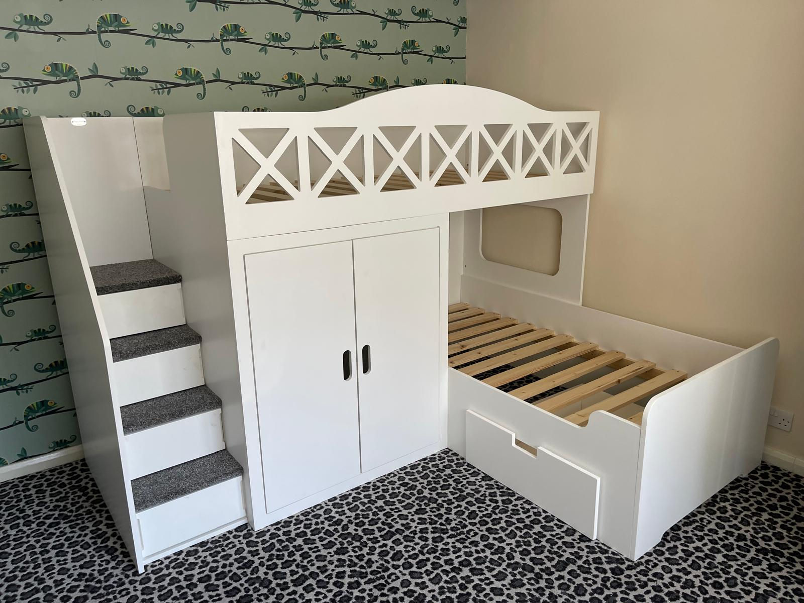 High-Sleeper Height L Shape Bunk Bed with Wardrobe & x1 Under Bed Drawer