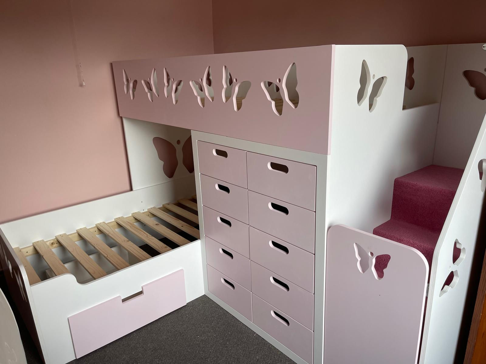 High-Sleeper Height L Shape Bunk Bed with x10 Front Drawers -any colours/pattern