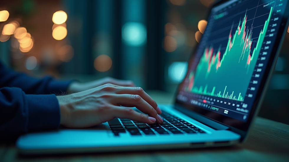 Eye-level view of a person analyzing stock market data on a laptop