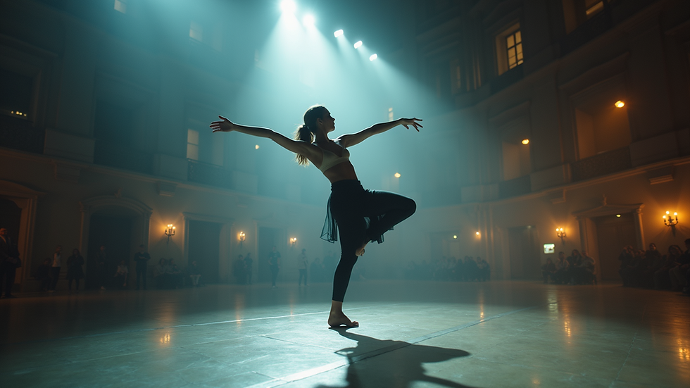 Eye-level view of a dancer performing with motion capture sensors