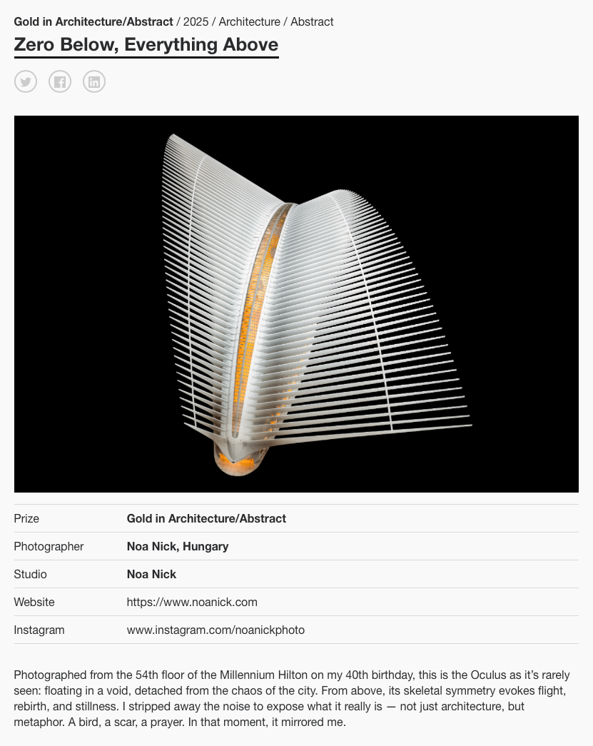 Zero Below, Everything Above – Gold Winner at PX3 2025 by Noa Nick. Abstract architectural fine art photograph of the Oculus in New York, captured from above. White skeletal symmetry against black background, evoking flight, rebirth, and silence.
