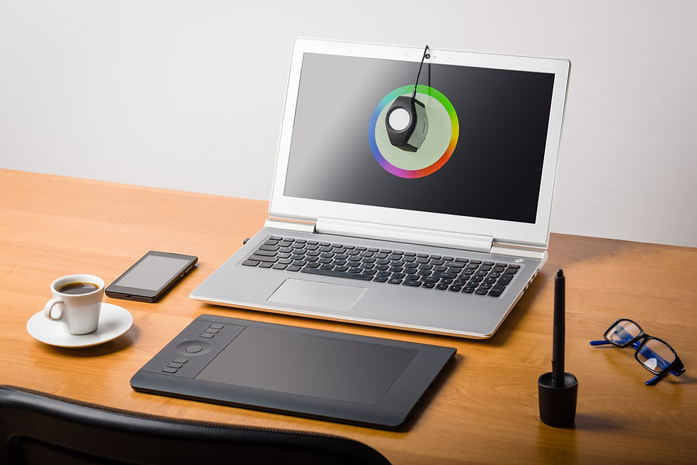 Fotós munkaállomás kalibrált monitorral, laptop, grafikai tábla és színkalibráló eszköz egy asztalon, amelyek biztosítják a pontos színvisszaadást és a professzionális képszerkesztést
