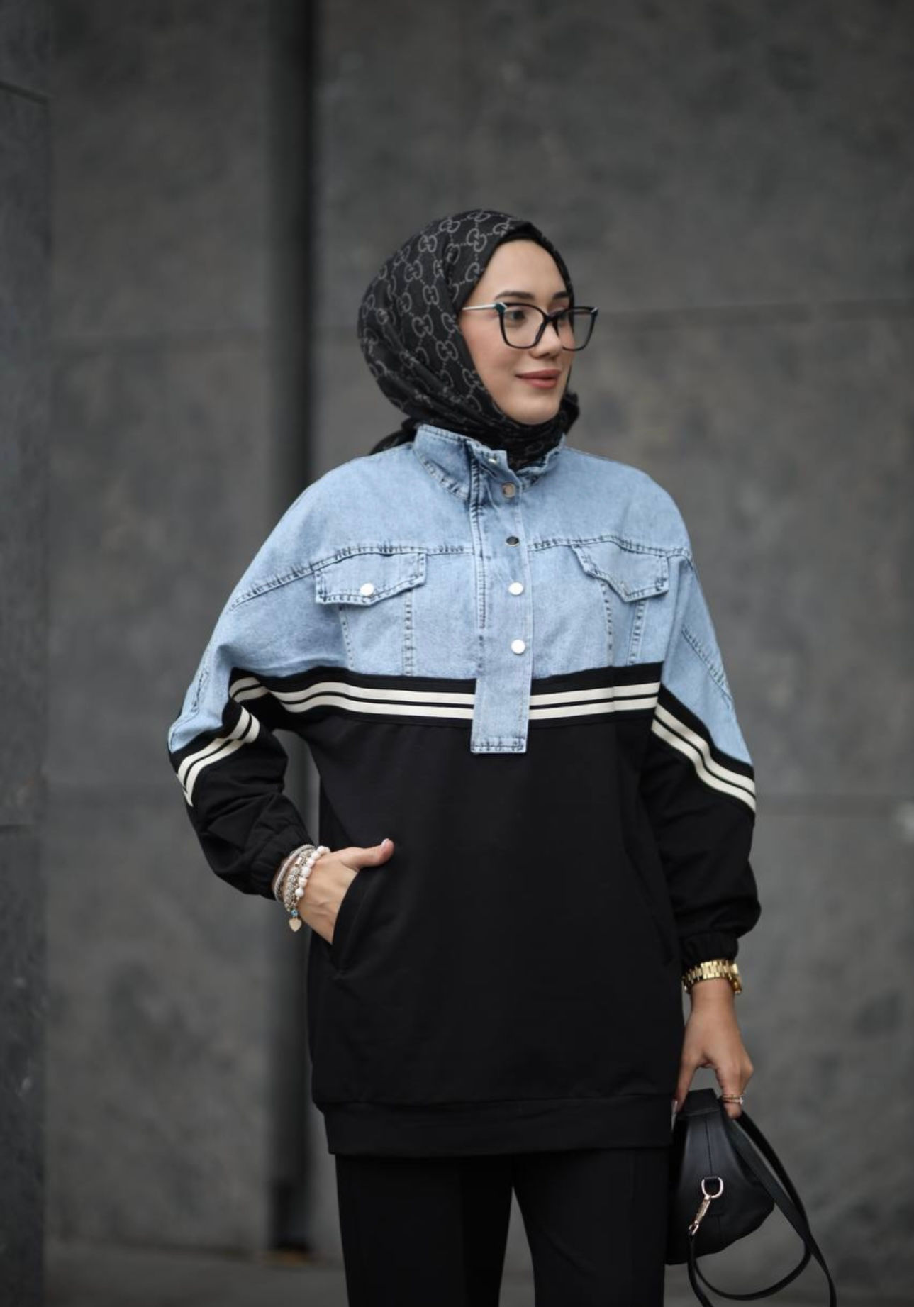 Two-Piece Modest Activewear Set with Denim Detail
