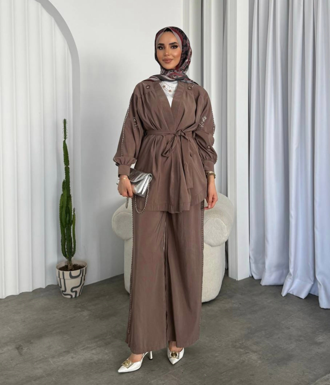 Mocha Blossom Embellished Cardigan Belted Set