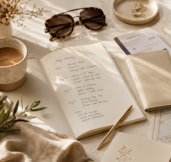 Travel planning notebook, passport, sunglasses and coffee on a desk.