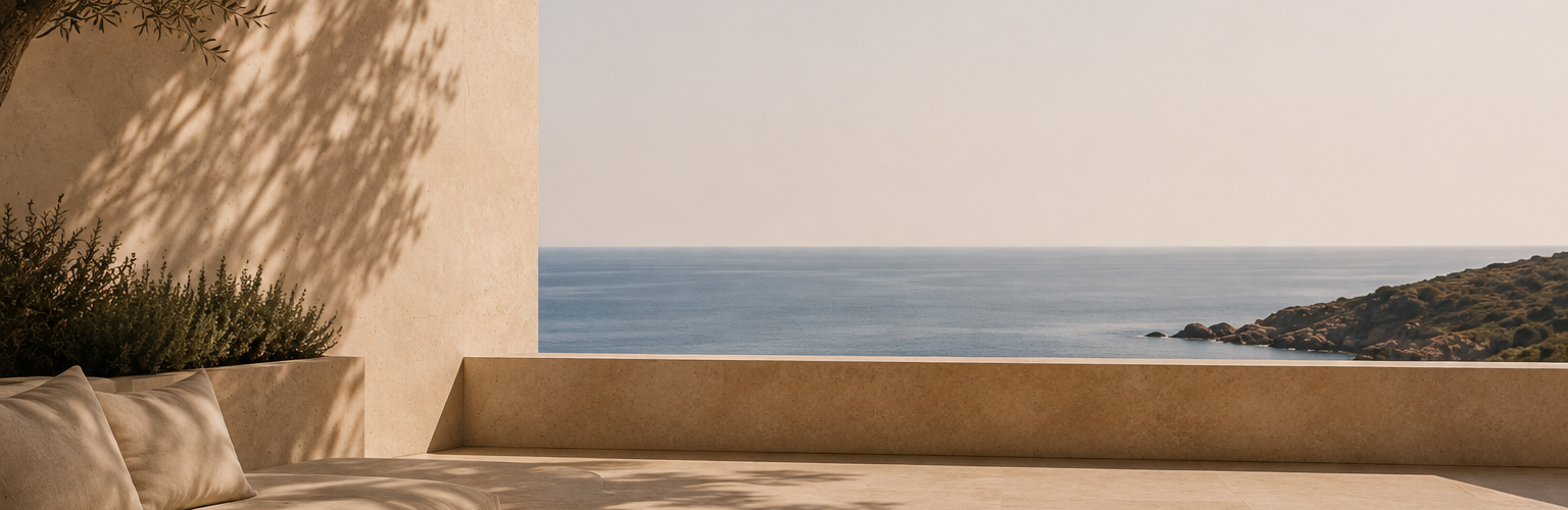 Private luxury villa terrace overlooking the Mediterranean Sea, reflecting Curated by Ticha's thoughtful approach to bespoke travel planning.