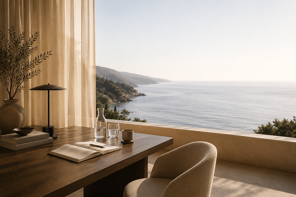 Luxury travel consultation workspace overlooking the sea for personalised travel planning