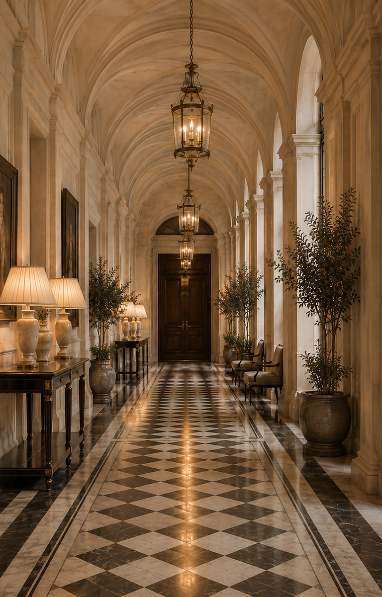 Elegant hotel corridor with classic arches and warm lighting, reflecting a refined boutique hotel atmosphere.