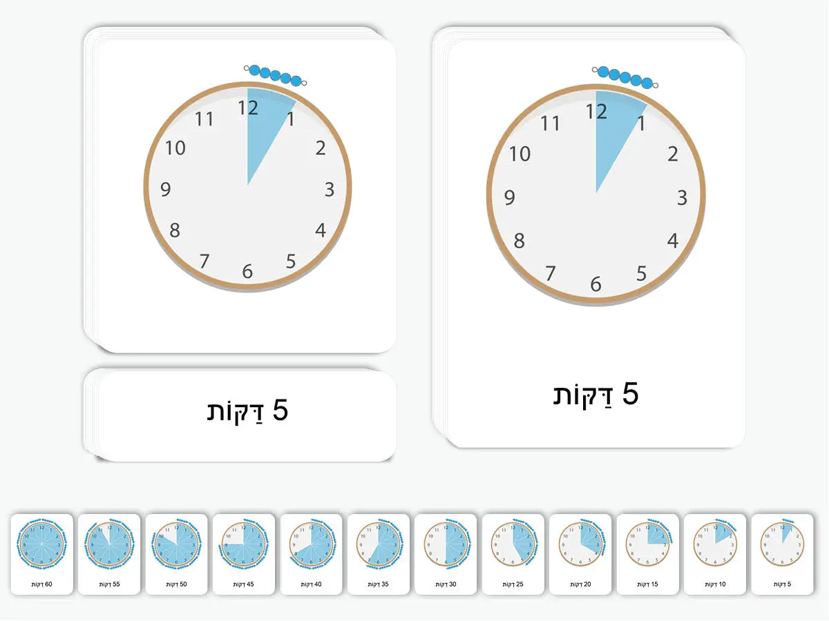  כרטיסיות ב-3 חלקים מחולקות לדקות ללימוד קריאת שעון