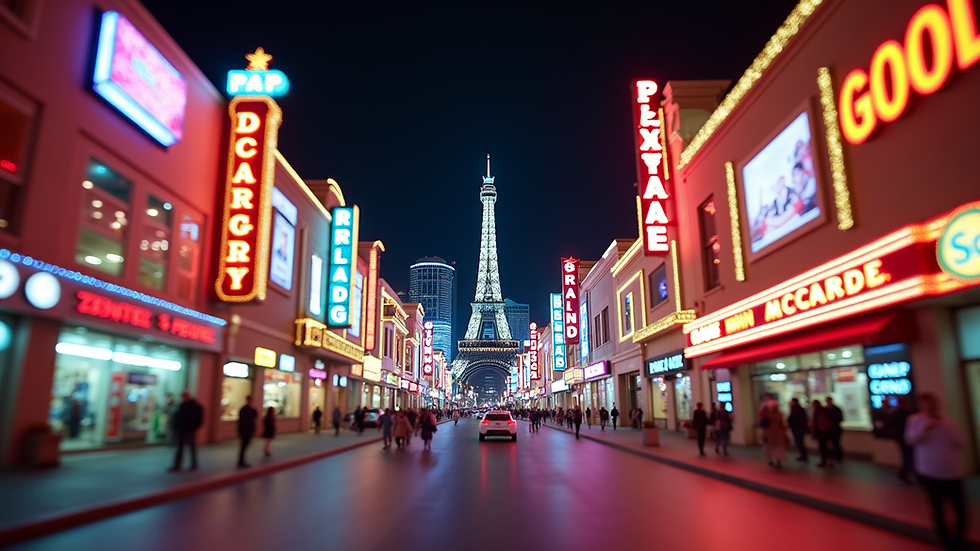 Wide angle view of a colorful shopping district in Las Vegas adorned with bright lights