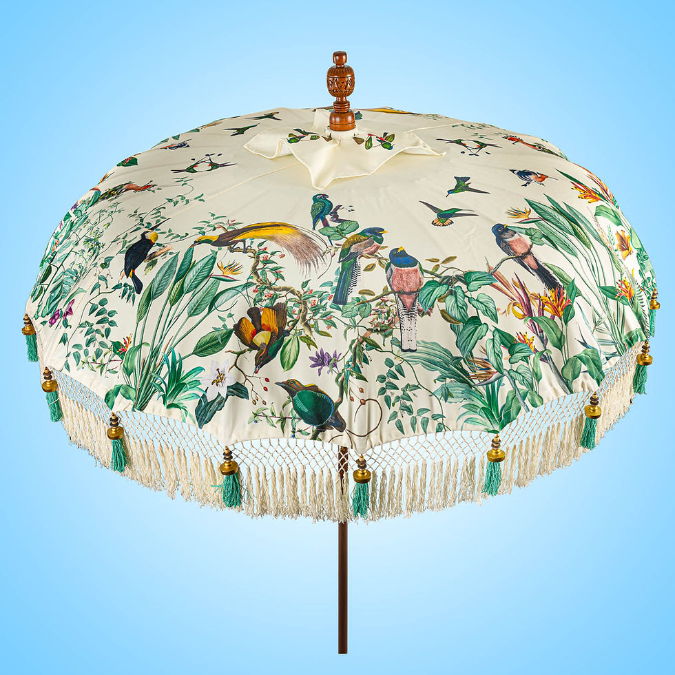 Balinese parasol with birds print and fringes