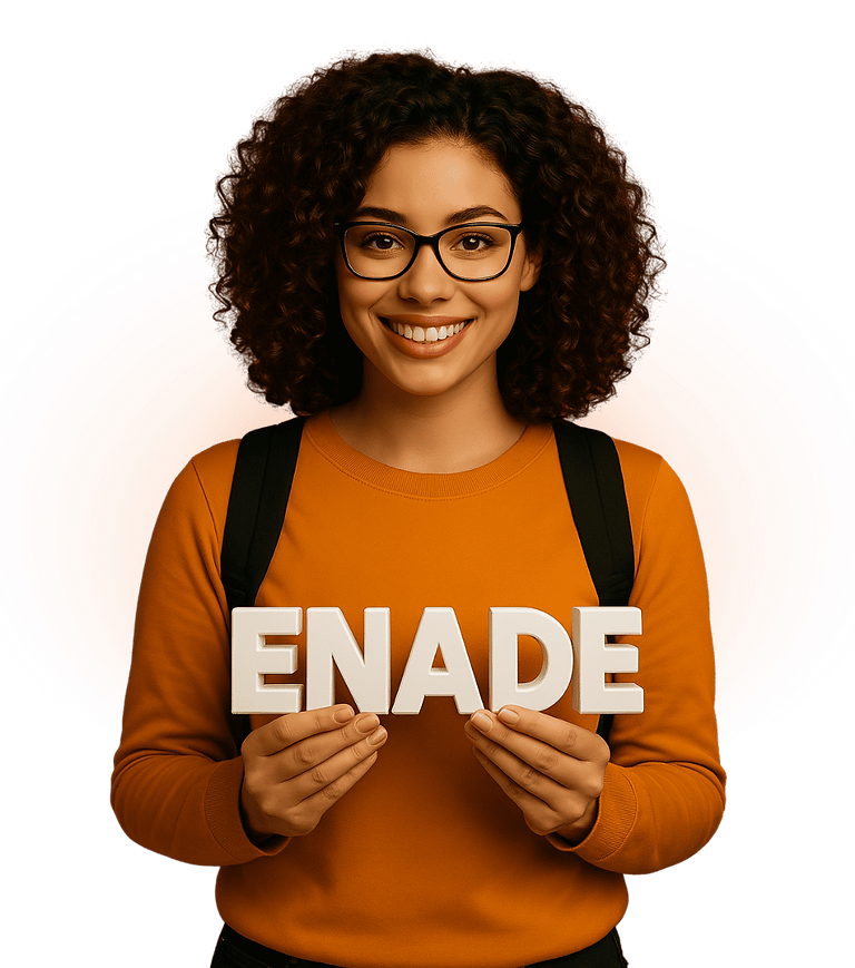 A imagem mostra uma jovem sorridente, com cabelo cacheado e volumoso, vestindo uma blusa laranja e usando mochila preta. Ela está segurando com as duas mãos a palavra “ENADE” em letras brancas tridimensionais. O fundo é composto por um círculo em tons vibrantes de laranja, transmitindo energia e foco. A imagem transmite uma sensação de confiança, juventude e preparação.  📌 **Imagem institucional da [PreparaEdu](https://preparaedu.com.br)** – uma plataforma especializada em soluções para o ENADE e a qualidade do ensino superior.