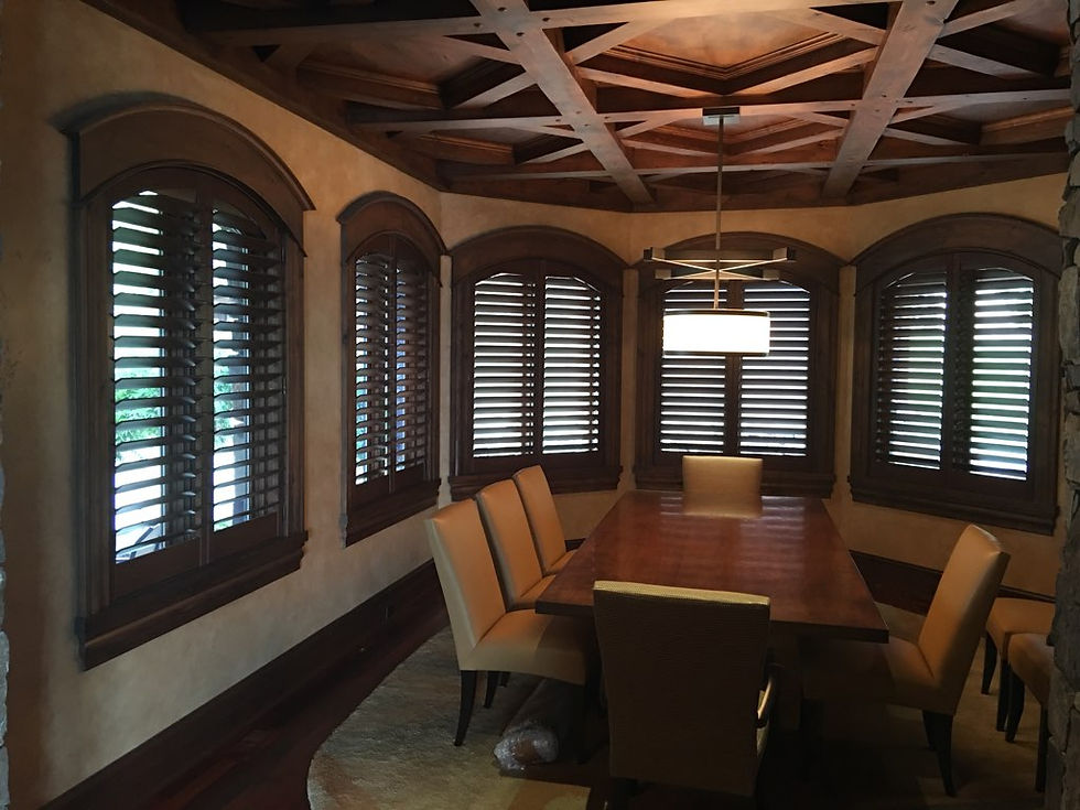 Close-up view of custom wooden shutters on a large window