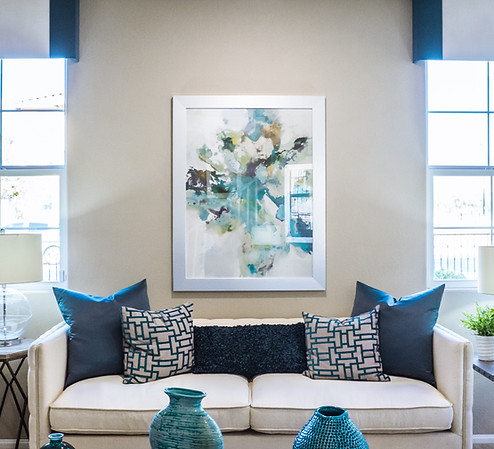 living room with blue accent pillows