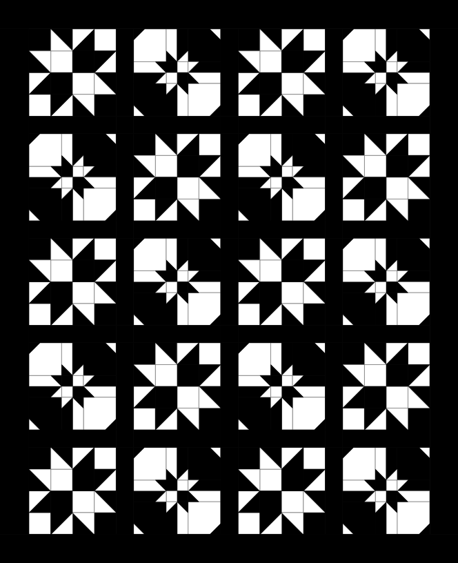 Black and white geometric pattern with star-like shapes in a grid. Symmetrical design creates a bold, contrasting visual effect.