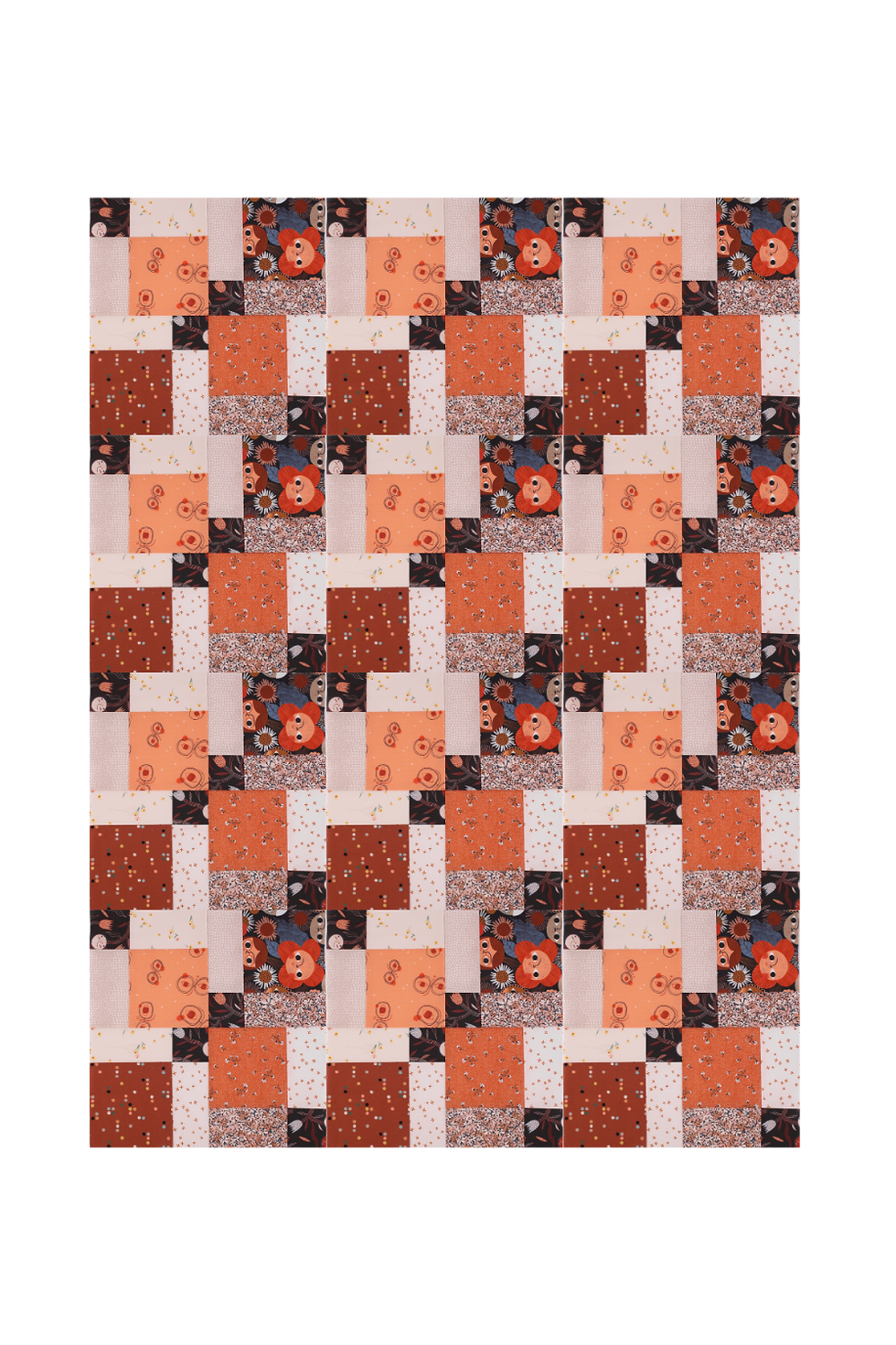 A patchwork quilt with orange and brown geometric patterns. Features floral prints and polka dots, creating a warm, cozy feel.