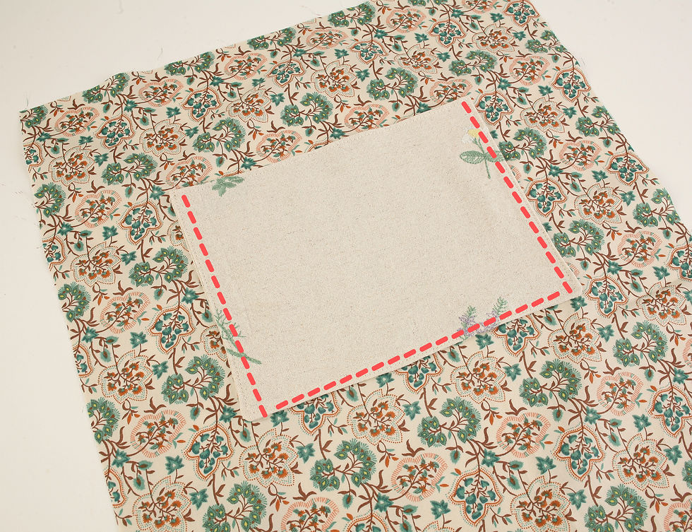 Blank cream fabric card with red dashed border on floral patterned cloth in teal, orange, and brown on a white background.