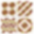 Four quilt blocks of colorful patchwork squares and triangles in pink, green, yellow, and brown on cream fabric