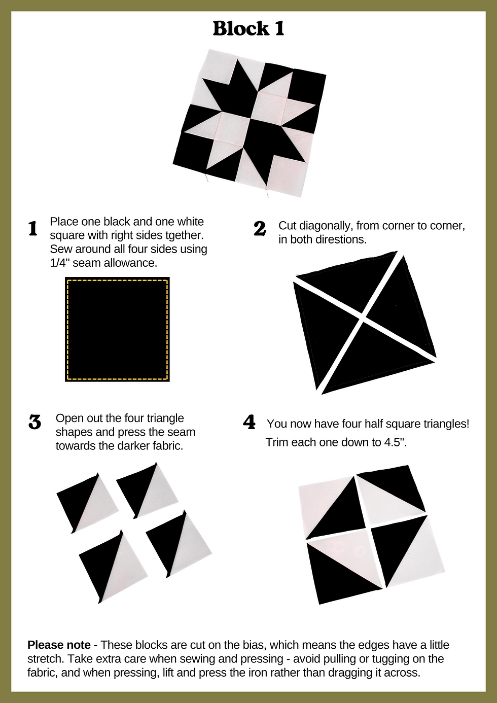 Instructions for assembling Block 1 quilt square. Steps show cutting, stitching, and trimming black and white fabric into triangles.