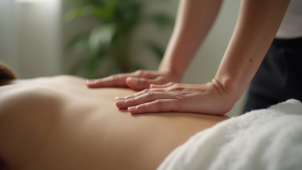 Close-up view of a therapist’s hands applying gentle pressure to a client’s back