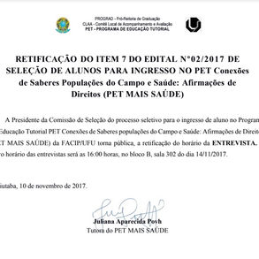 NOVO HORÁRIO NA ENTREVISTA DE SELEÇÃO PARA O EDITAL 02/2017