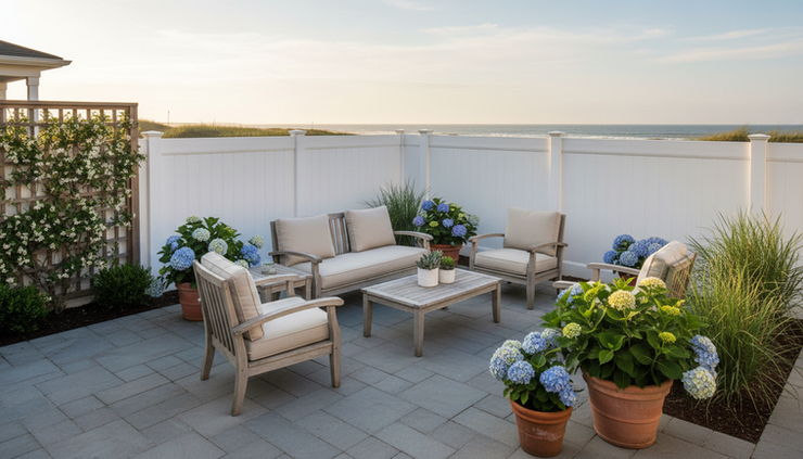 Eye-level view of a tidy patio behind a coastal Queens home.