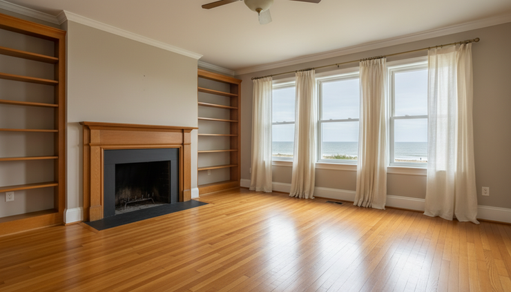 Wide-angle view of an unfurnished living room in a Queens probate home.