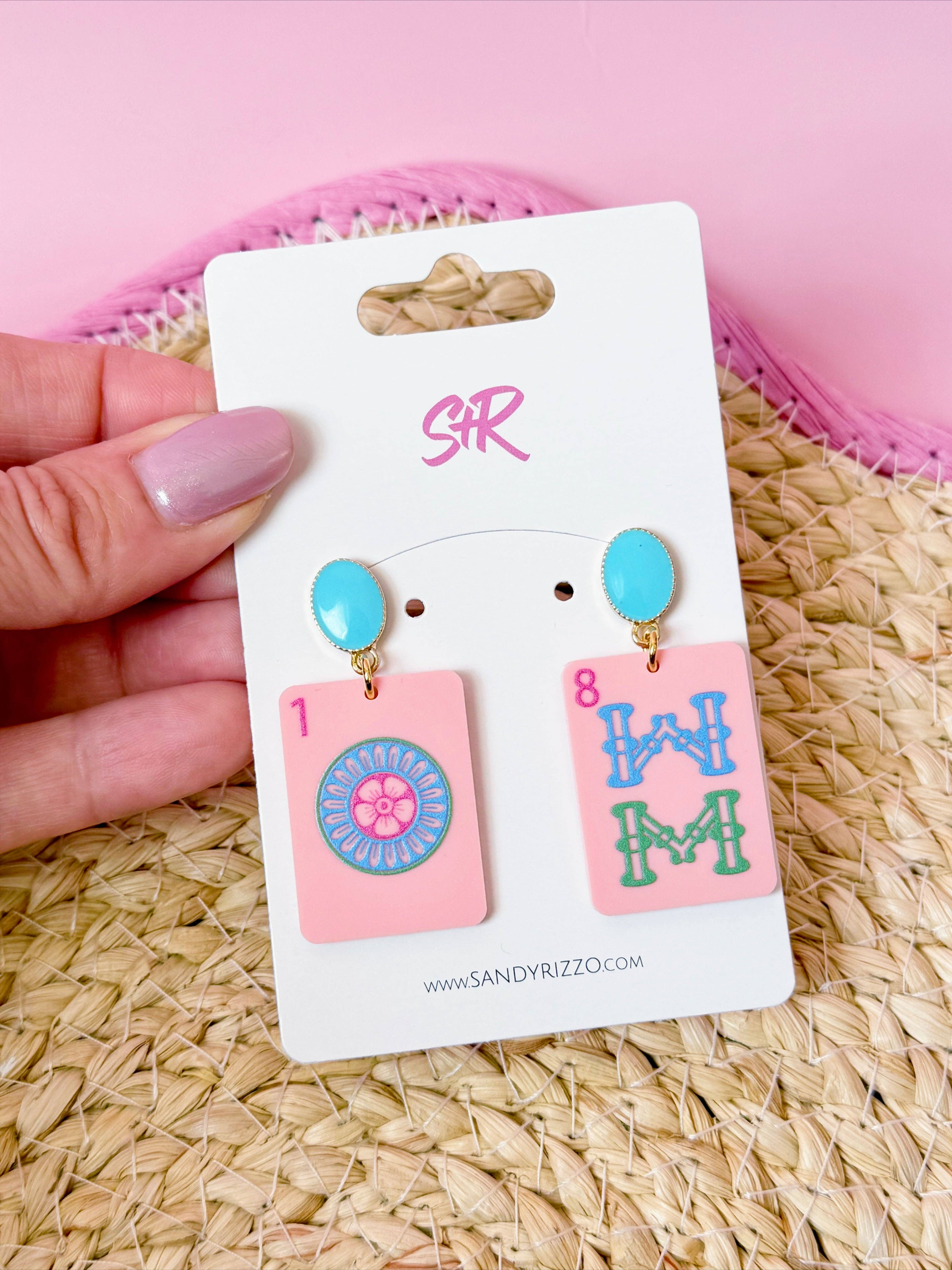 Pink Mahjong Acrylic Dangle Earring
