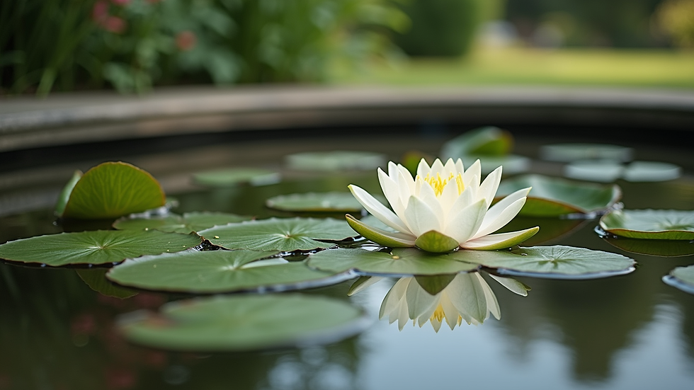 Close-up view of a small garden pond with water lilies and surrounding plants