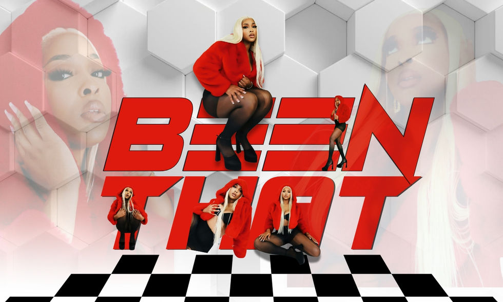 Collage preview of BEEN THAT custom branding graphics, featuring model in red fur jacket, bold typography, checkerboard floor