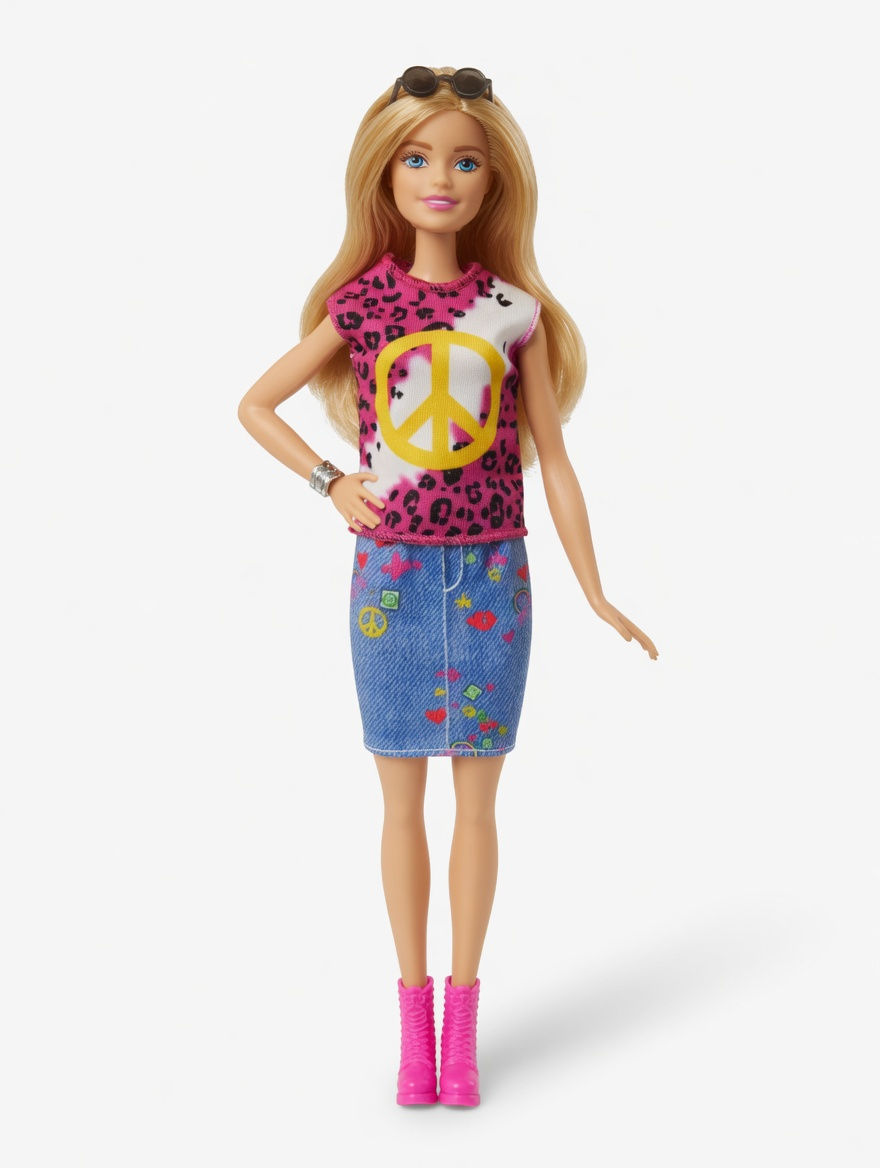 Modern Barbie – Leopard Peace Sign Top, Denim Patch Skirt & Pink Boots