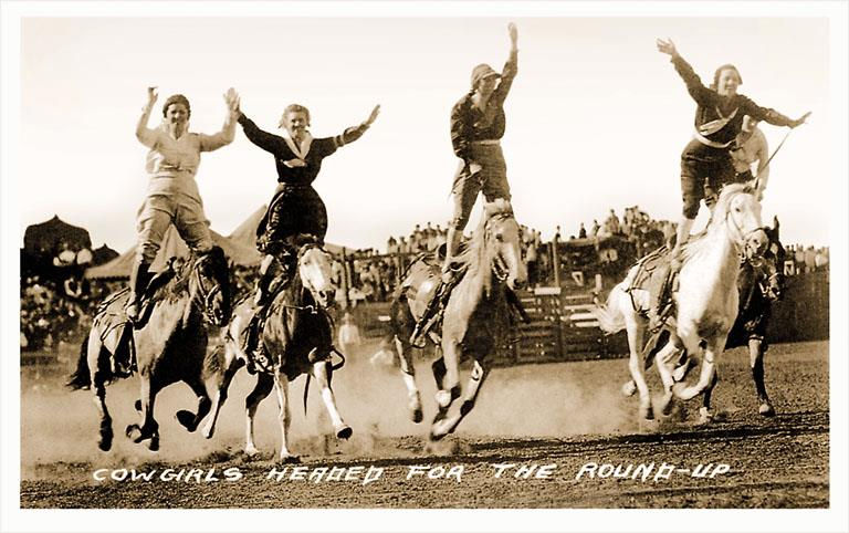 Cowgirls Standing On Horses