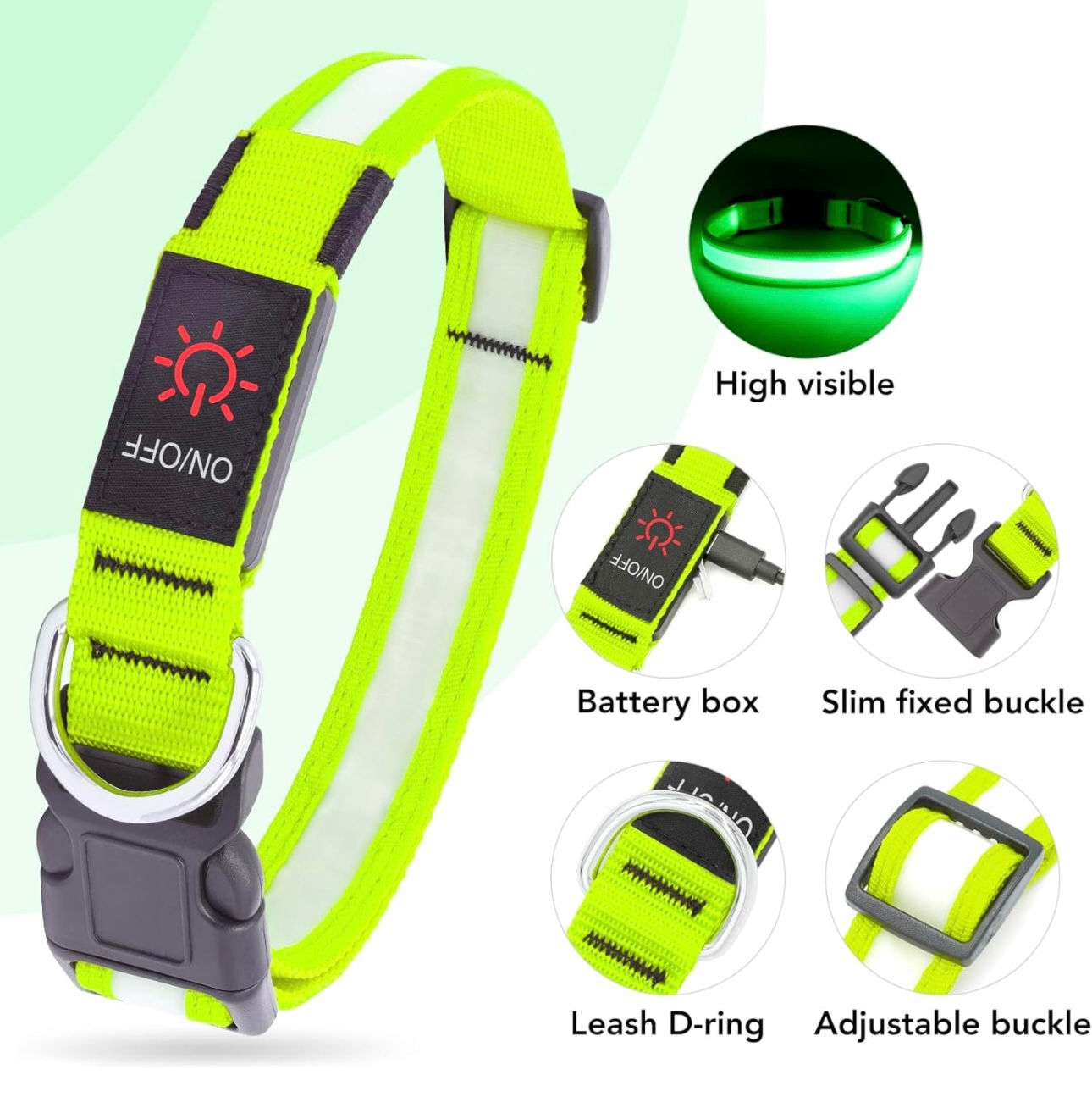VizPet LED Light Up Dog Collar, Bright, Glowing Collars