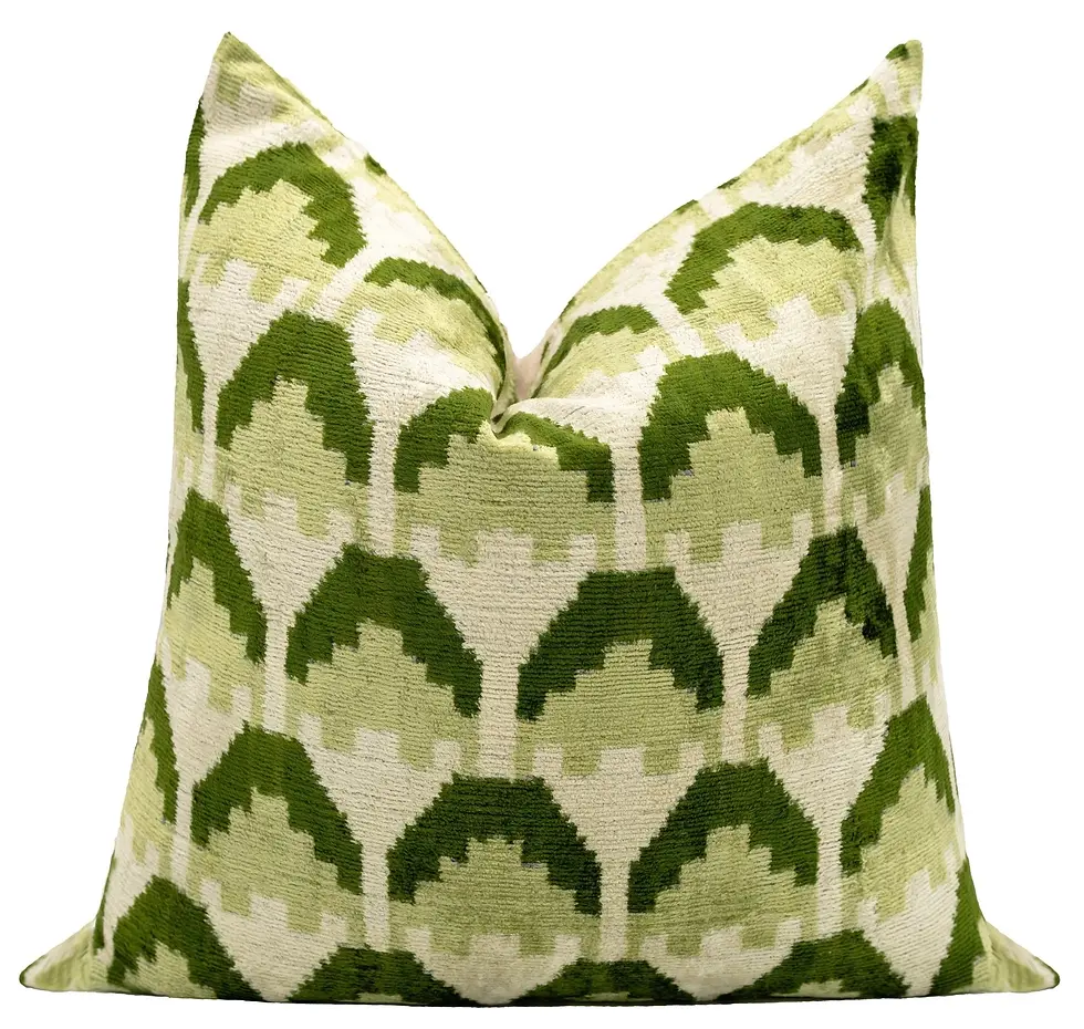 Handmade Velvet Throw Pillow w/ Green & Cream Geometric Design - Feather Insert