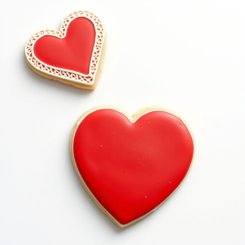 Two heart-shaped cookies with red icing on a white background. One cookie has intricate white icing details, creating a romantic mood.