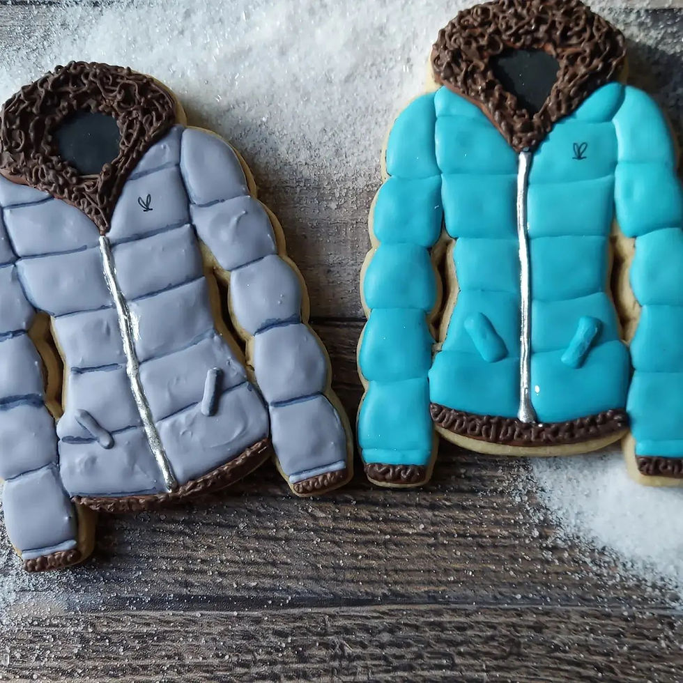 Thumbnail: Custom sugar cookies shaped like gray and blue winter jackets