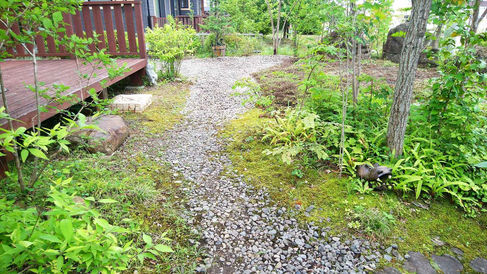 外構工事後(中庭):小道は砂利を敷き、周りは元々生えている雑草・雑木を活かしました。
