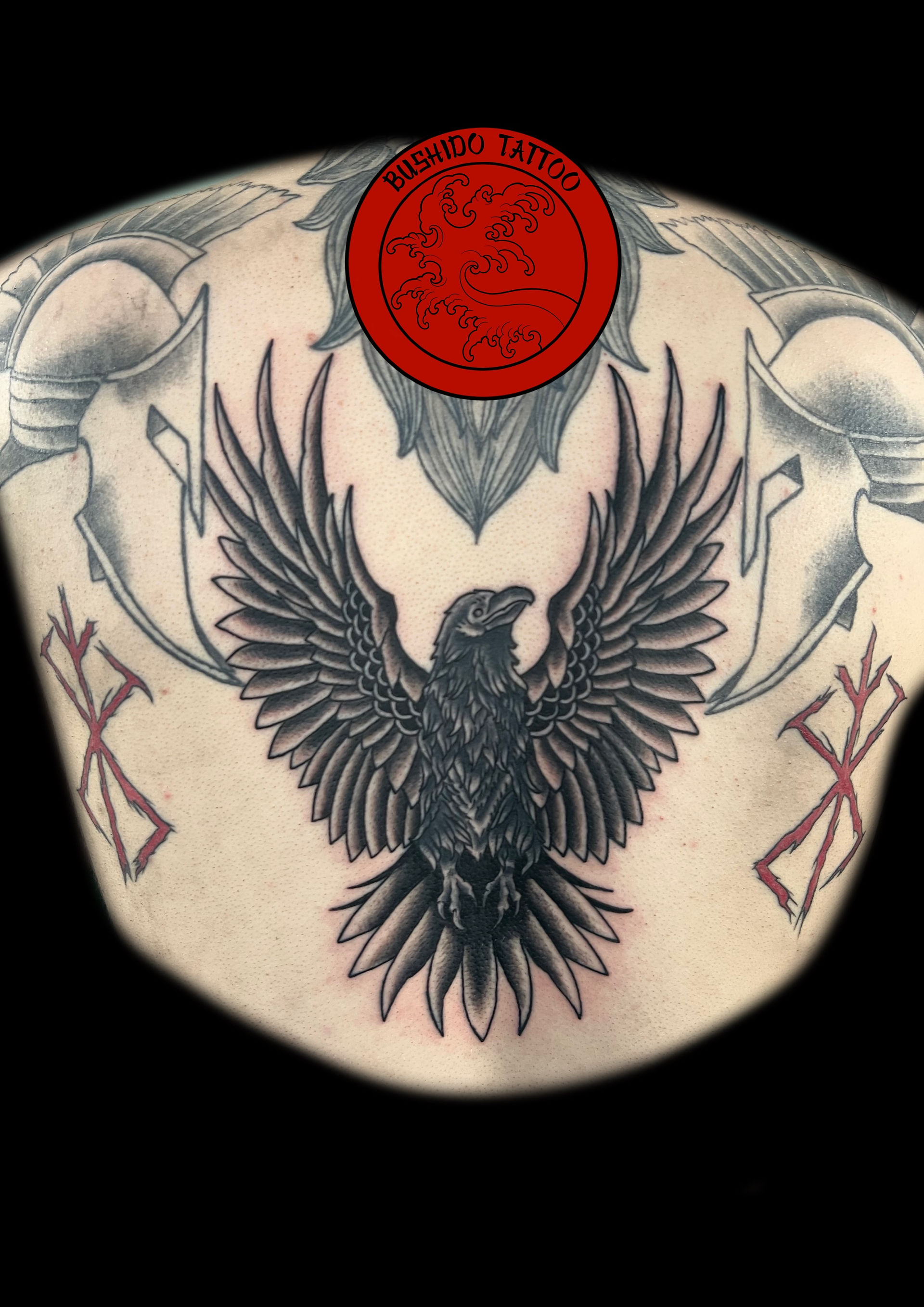 Black and grey bird tattoo done at Bushido Tattoo, Hexham