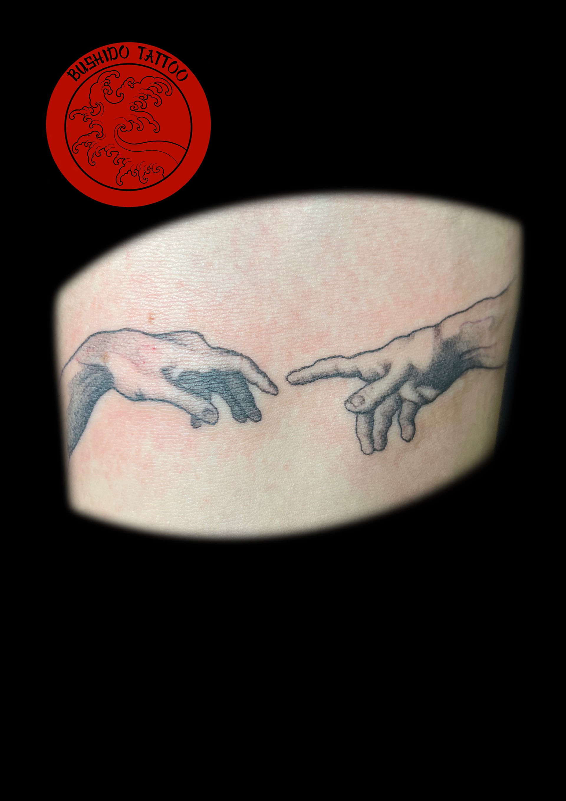 The Creation of Adam tattoo done by Bushido Tattoo, Northumberland