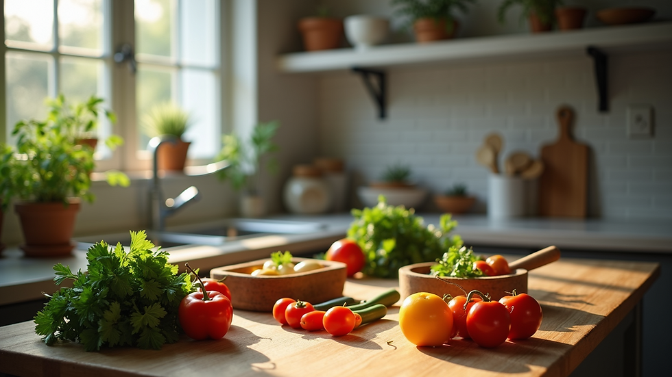 High angle view of a kitchen counter with fresh ingredients and cooking utensils