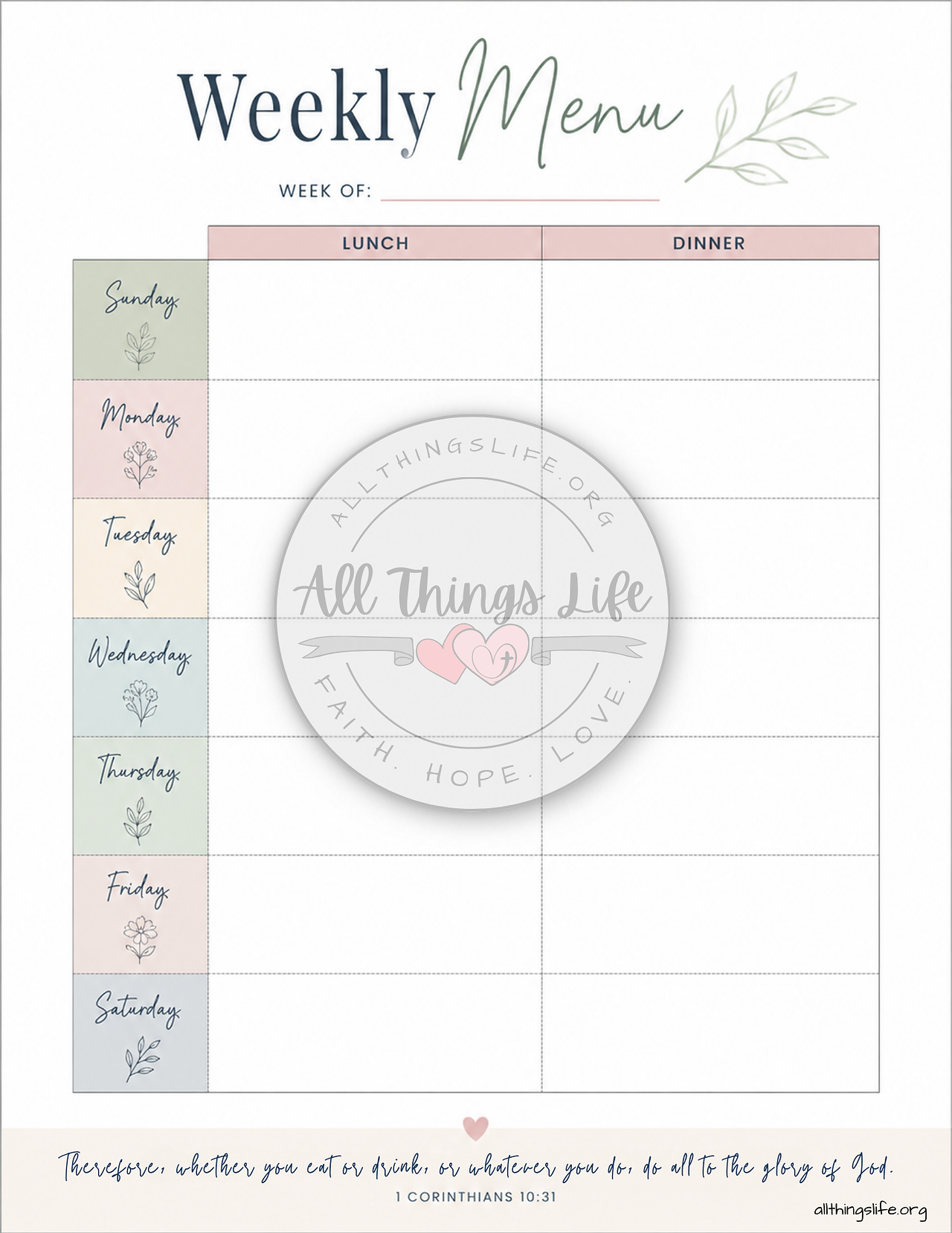 Weekly Menu page from the Ultimate Meal Planning Bundle