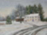 Snowy scene of a house next to a curving road, there are pine trees behind and next to the house,snow is falling on the scene.