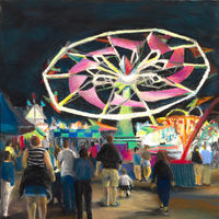 Fair scene showing a whirling ride, lit up, and people waling along the midway.