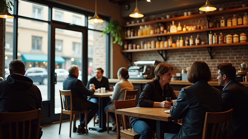 Eye-level view of patrons enjoying coffee inside the iconic Peacock Caffe