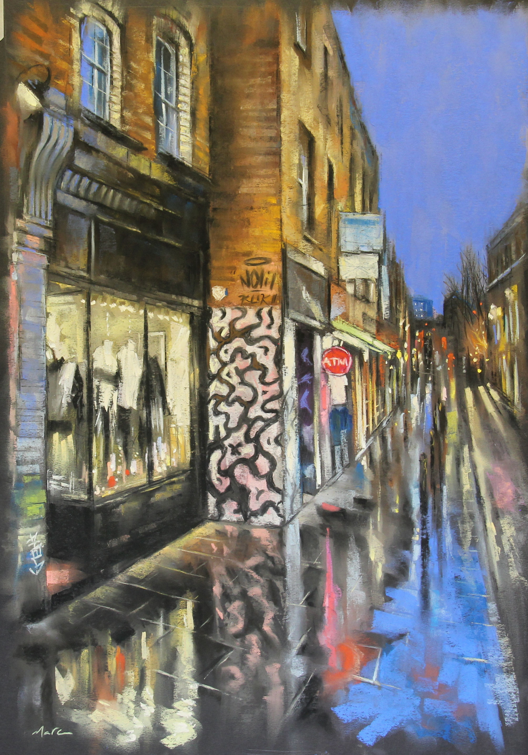 Street view with shops and colorful storefronts.