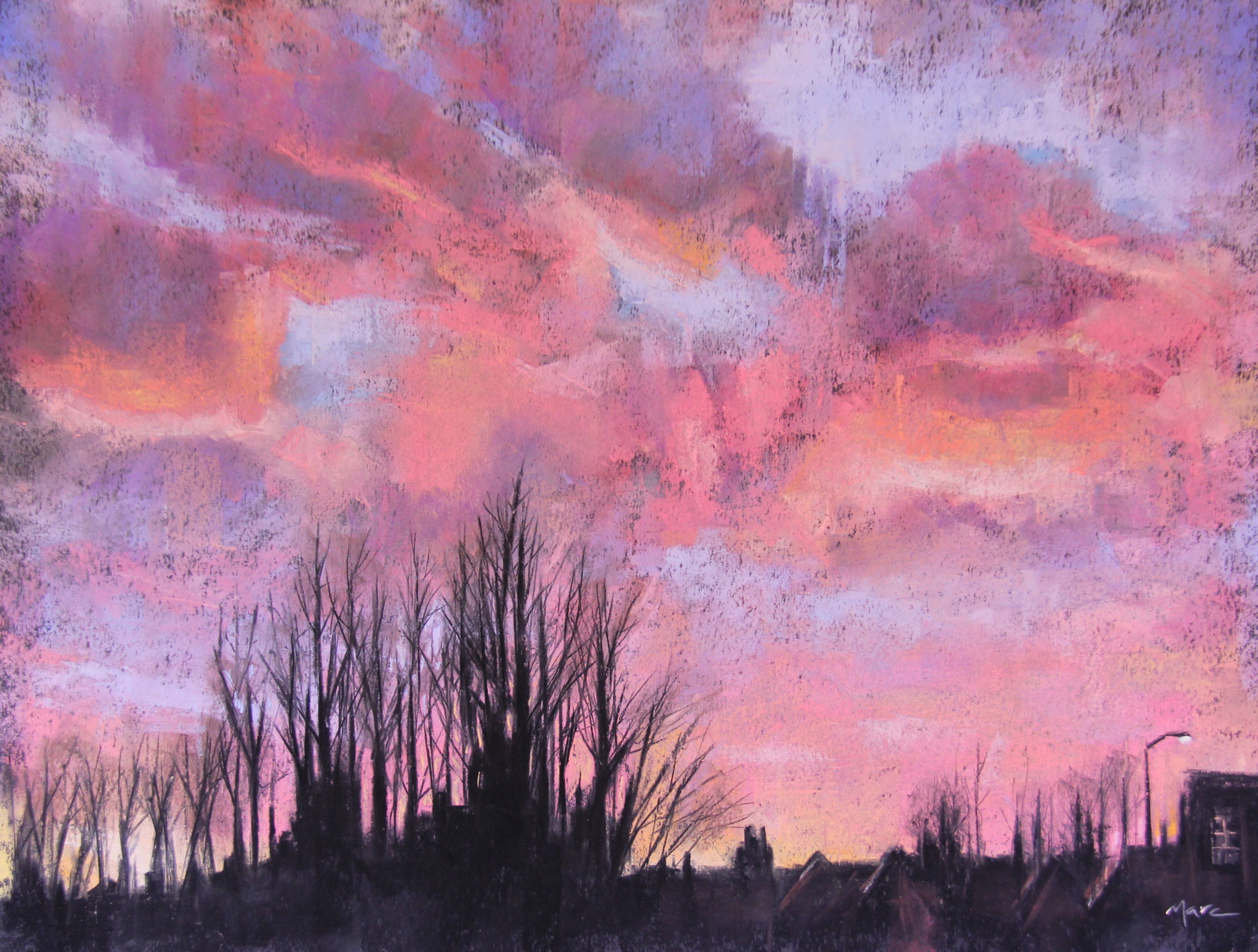 Painting of a sunset with vibrant pink and purple skies and silhouetted trees.