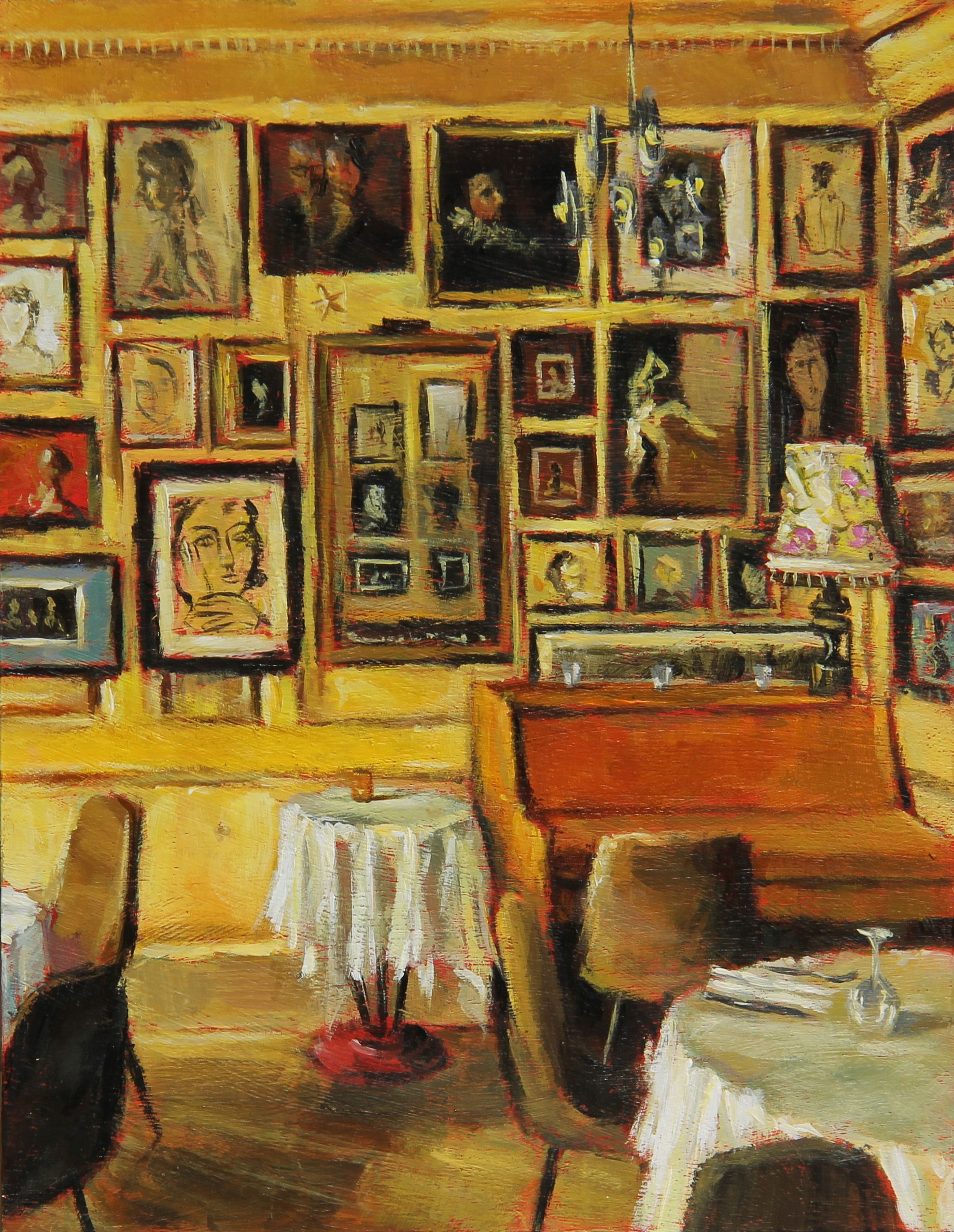 Oil painting of a dining room with yellow walls filled with various framed artworks.