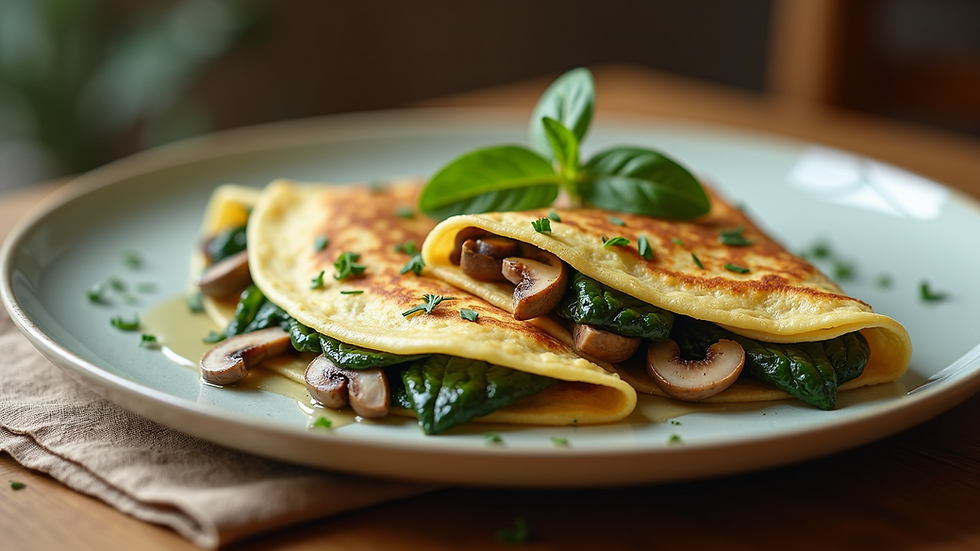 Eye-level view of a plate of savory mushroom and spinach crepes garnished with herbs