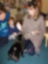 Parent engaging with children and therapy dog during classroom volunteer activity